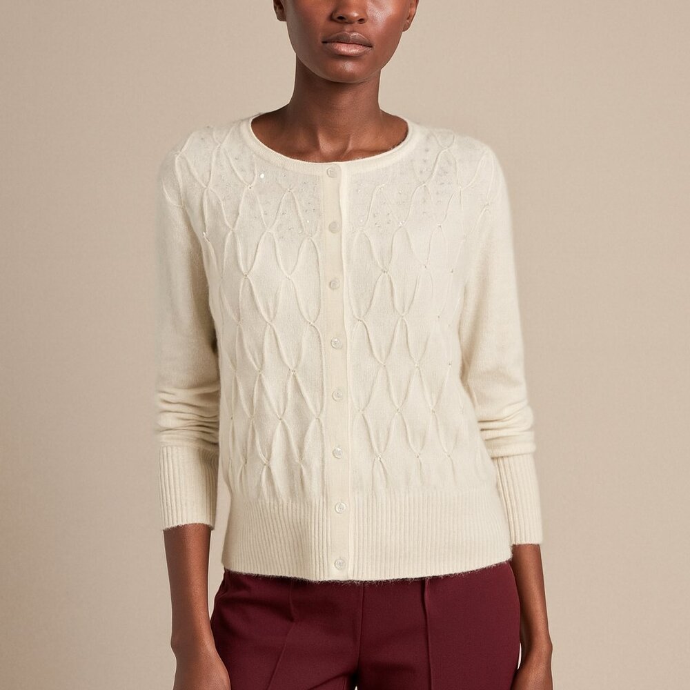 Cynthia Rowley Cream Sequin Cardigan Sweater Soft Luxe Statement‎ Knit
